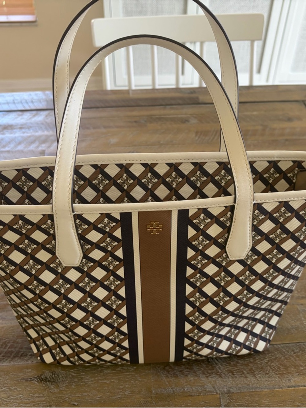 Tory Burch Brown, Cream & Navy Geometric Tote